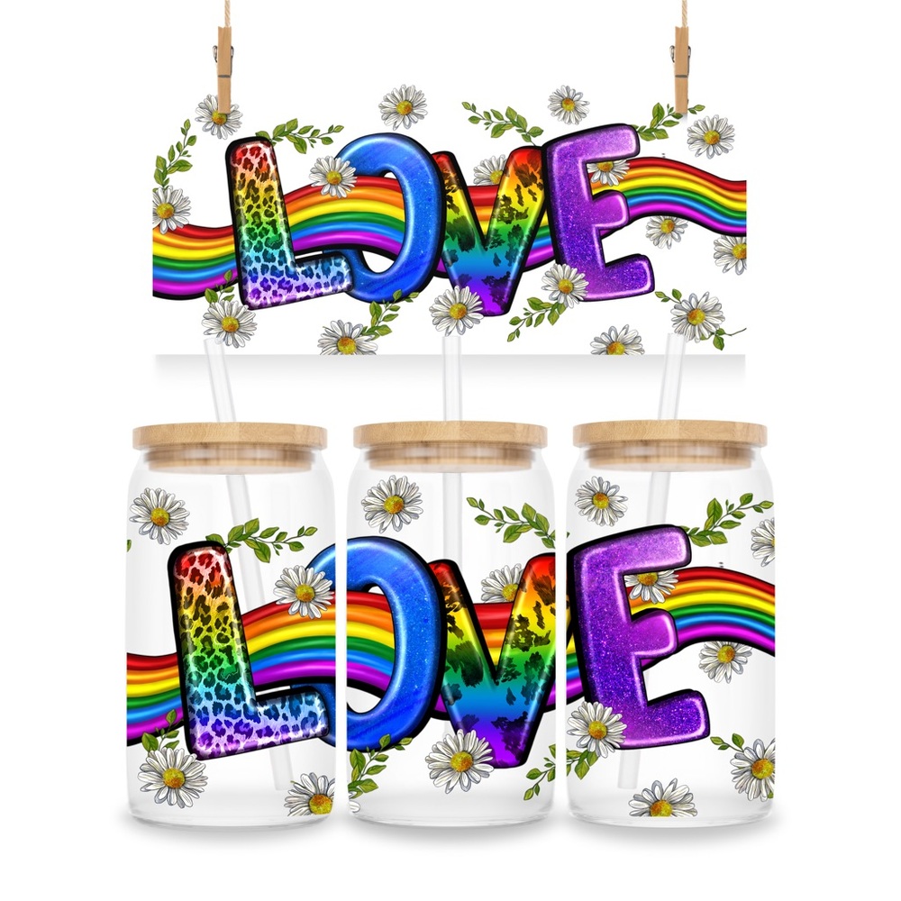 LOVE PRIDE LGBTQ+ 16oz Libbey Glass Cup with Lid and Straw  - Celebrate Love